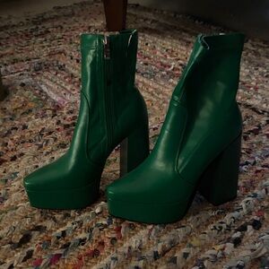 Emerald Platform Block-Heel Ankle Boots with Side Zip